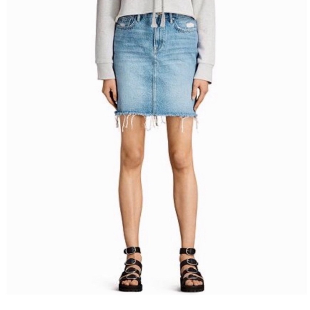 AllSaints Light Wash Denim Mini Skirt Raw Hem Blue US 2